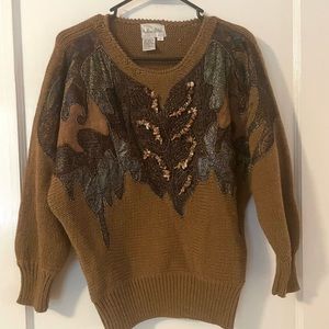 Vintage Christine Beaded Textured 3/4 Sleeve‎ Brown Sweater Round Neck Small